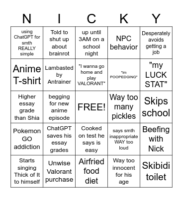 NICKY BINGO Card