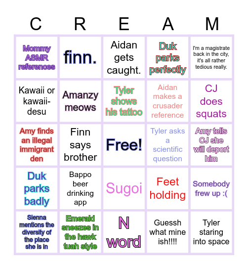 CWEAM DWEAM Bingo Card