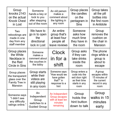 Escapology Bingo 2024 Bingo Card