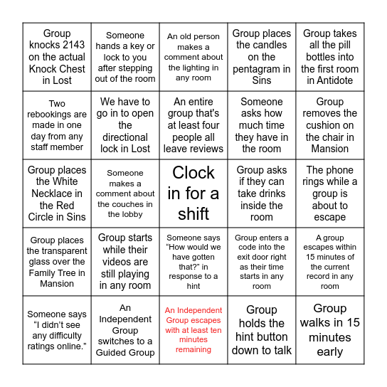 Escapology Bingo 2024 Bingo Card