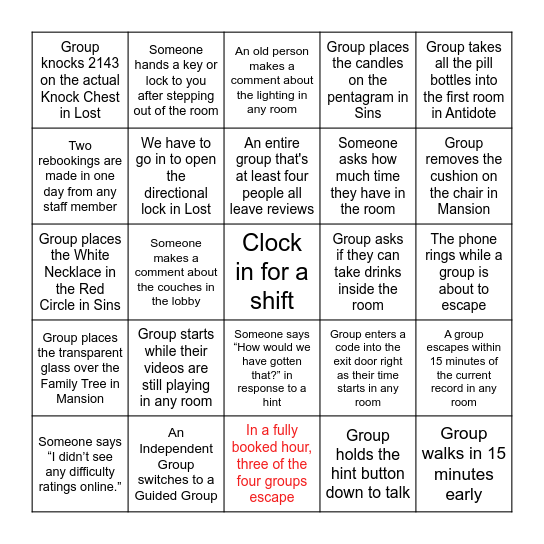 Escapology Bingo 2024 Bingo Card