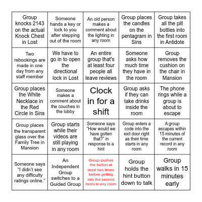 Escapology Bingo 2024 Bingo Card