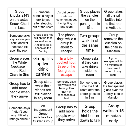 Escapology Bingo 2024 Bingo Card