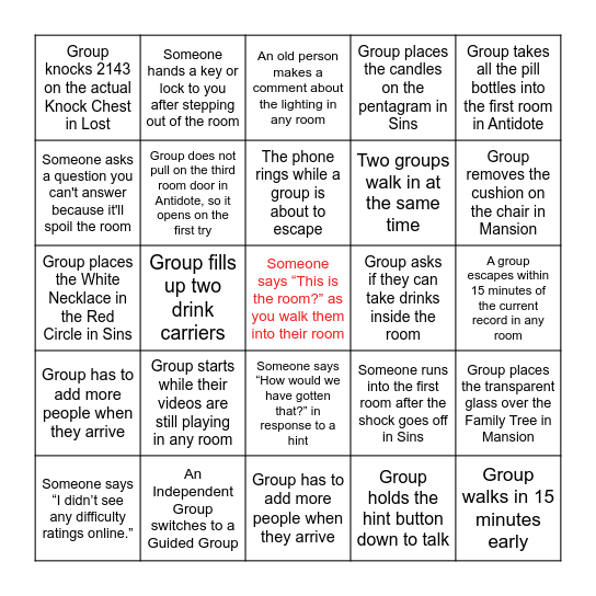 Escapology Bingo 2024 Bingo Card