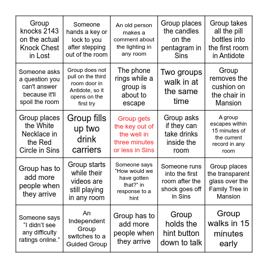 Escapology Bingo 2024 Bingo Card