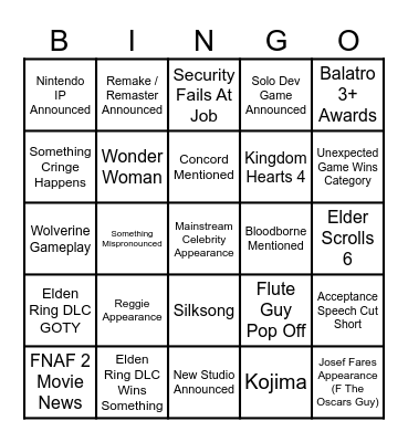 The Game Awards 2024 BINGO Card