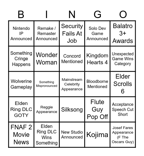 The Game Awards 2024 BINGO Card