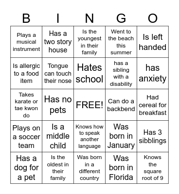 Get to know you Bingo Card