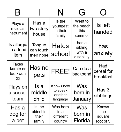 Get to know you Bingo Card