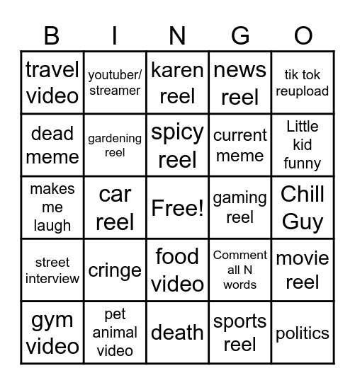 Instagram reel bingo Card