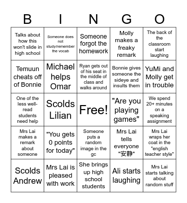 Chinese Class Bingo Card