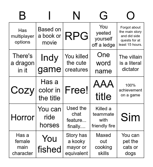 Gaming Bingo Card