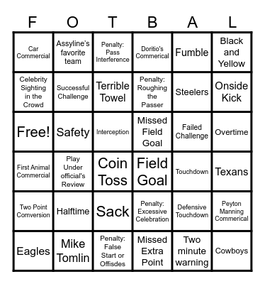 Steelers Football Bingo Card