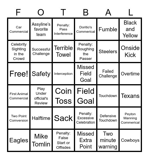 Steelers Football Bingo Card