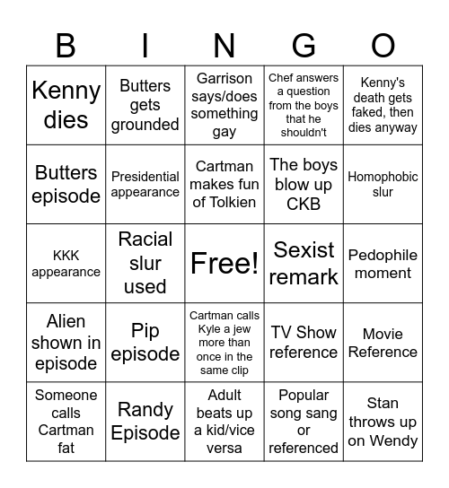 South Park Bingo Card