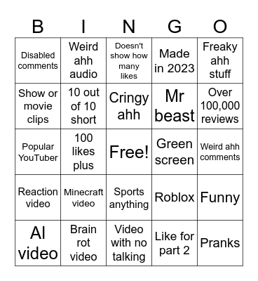 YouTube shorts Bingo Card