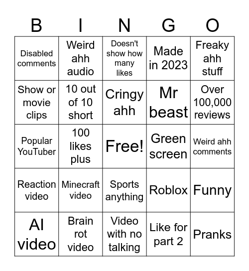 YouTube shorts Bingo Card