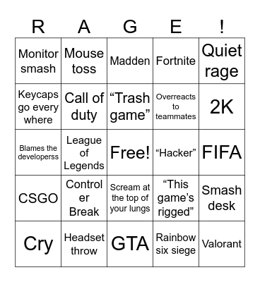 Gamer rage Bingo Card