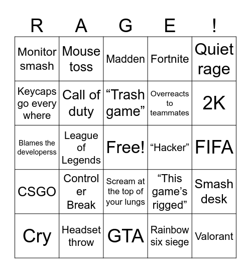 Gamer rage Bingo Card