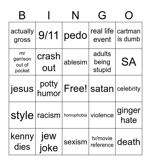 South Park Bingo Card