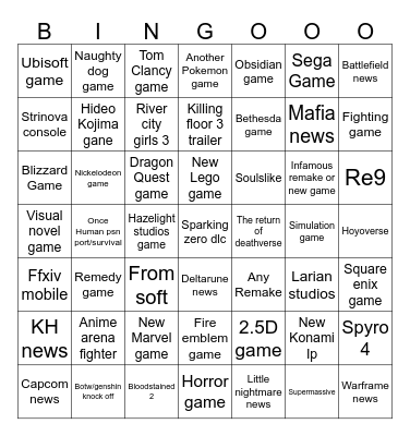 Game Awards Bingo Card
