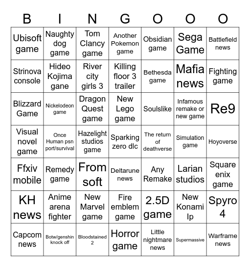 Game Awards Bingo Card