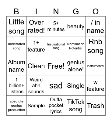 Spotify tyler the creator bingo Card