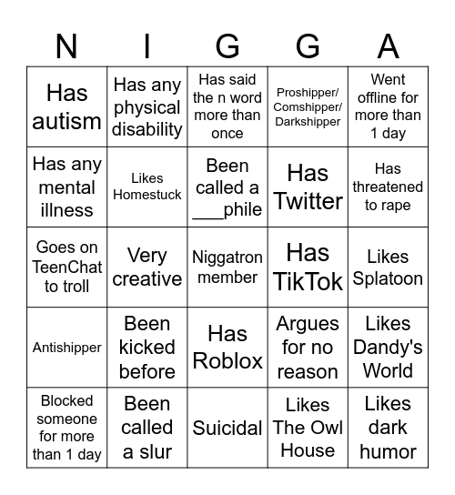 Niggatron Bingo Card