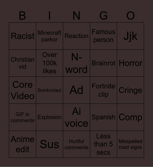 Instagram bingo Card