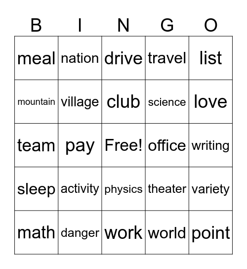 Unit1 Vocabulary Bingo Card