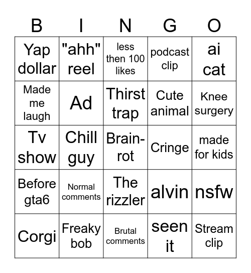 instagram reels Bingo Card