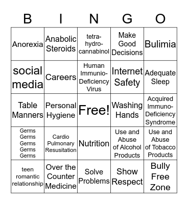 6th grade Health Bingo Card