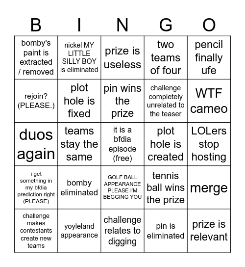 BFDIA 15!!!!!!! woah Bingo Card