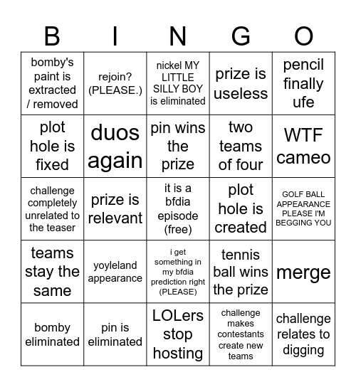 BFDIA 15!!!!!!! woah Bingo Card