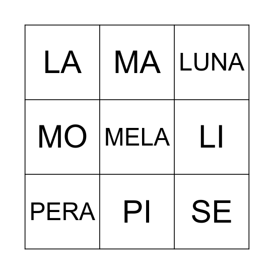 BINGO SILLABE E PAROLE Bingo Card