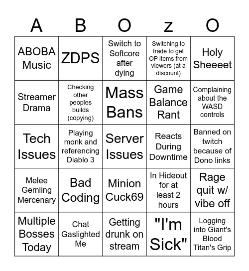 Squinton Bingo Card