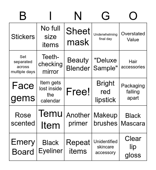Alexandria Ryan Beauty Advent Calendar Bingo Card