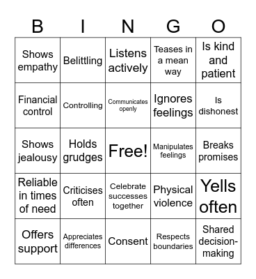 Healthy and Unhealthy Relationships Bingo Card