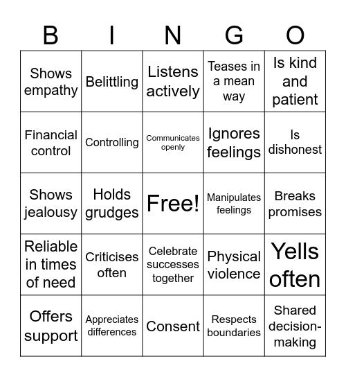 Healthy and Unhealthy Relationships Bingo Card