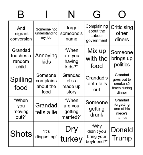 Christmas Lunch Bingo Card