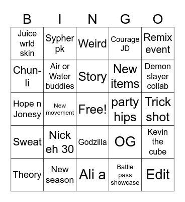 Fortnite shorts Bingo Card