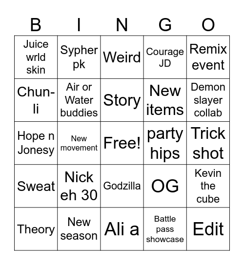 Fortnite shorts Bingo Card