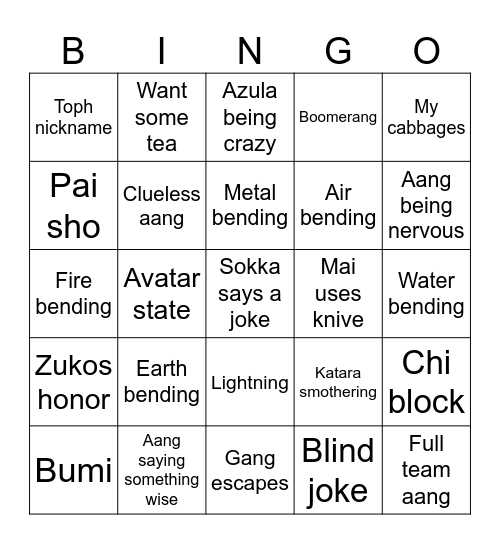 Avatar Bingo Card