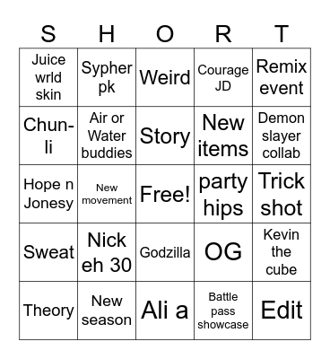 Fortnite shorts Bingo Card