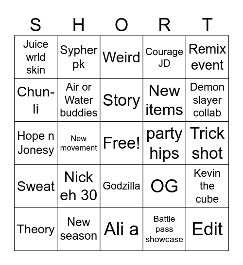Fortnite shorts Bingo Card