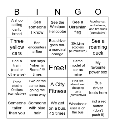 Bus Roulette Bingo Card