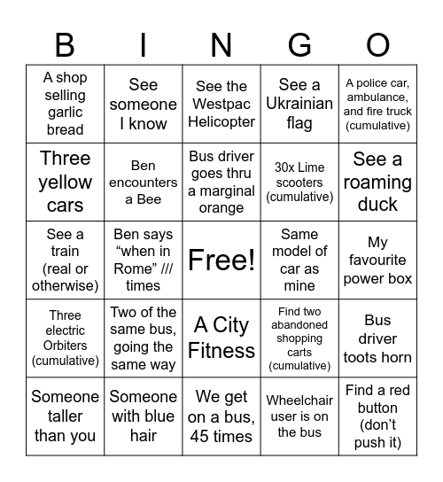Bus Roulette Bingo Card