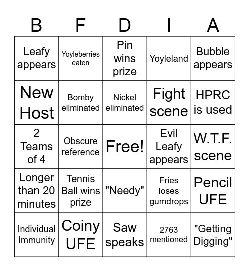 BFDIA 16 BINGO Card