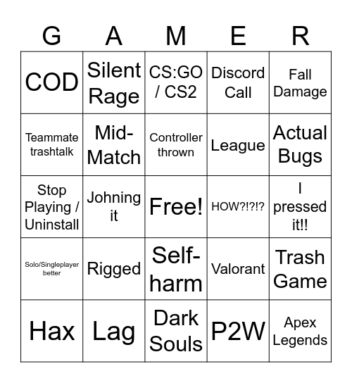 GAMER RAGE BINGO! Bingo Card