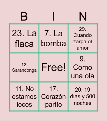 Bingo Musical Bingo Card